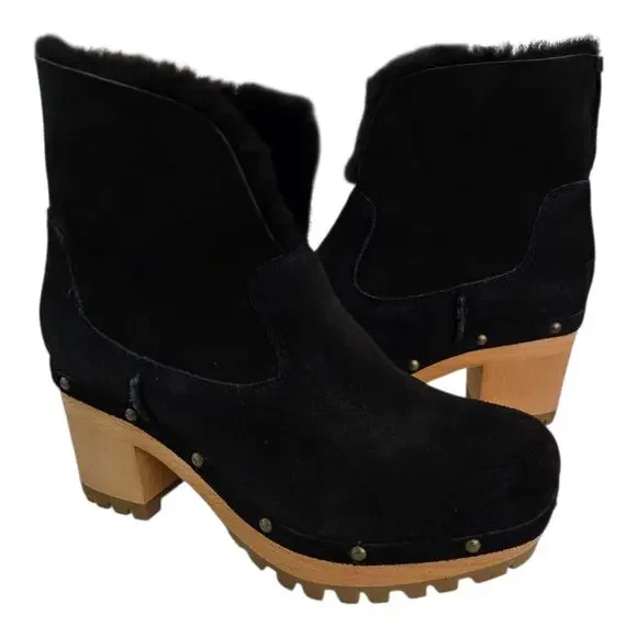 Ugg Thebes Black Suede Fur Lined Clog Boots Size 6 Chunky Platform Boho Winter - Picture 1 of 12